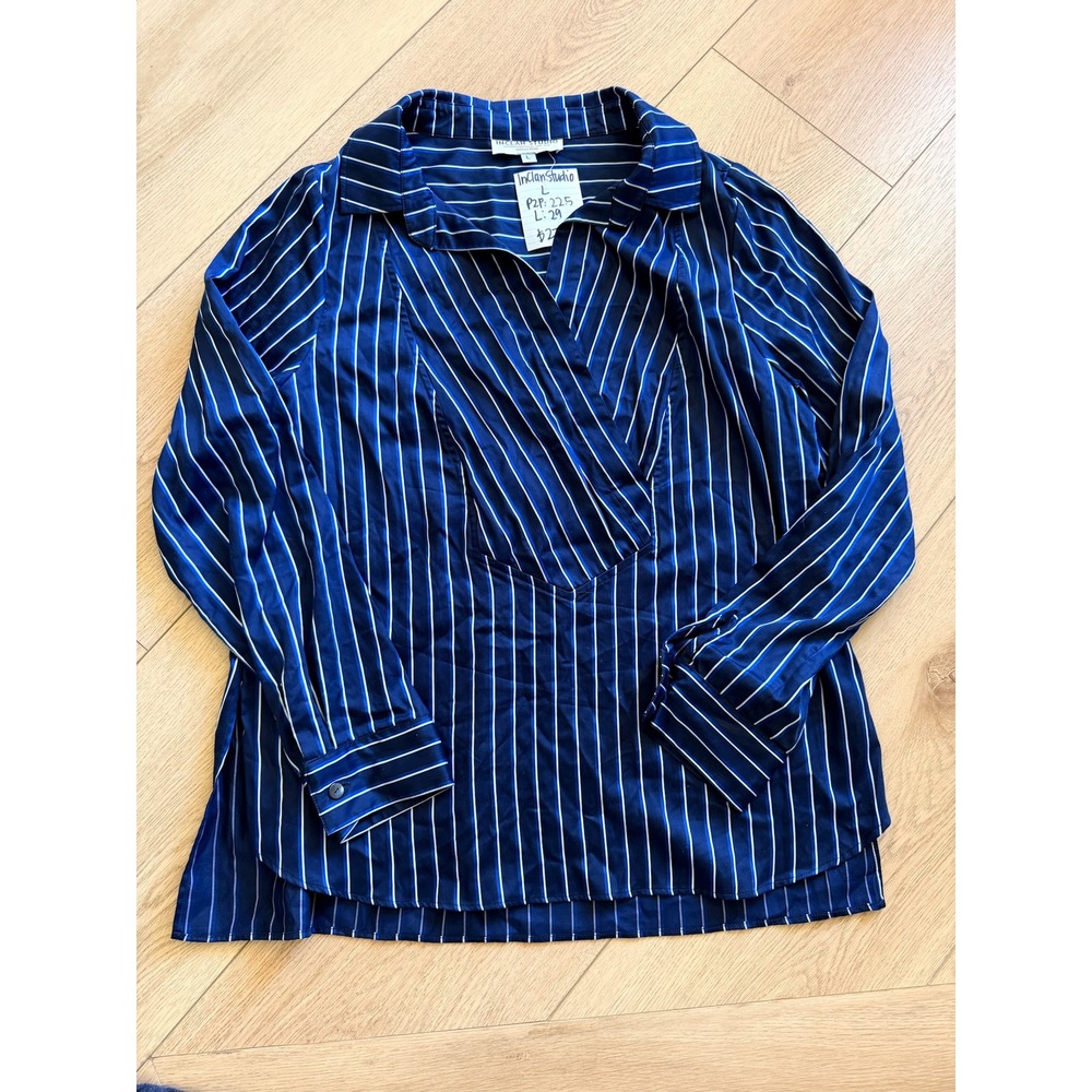 Inclan Studio Womens Navy Blue Striped V-Neck Long Sleeve Blouse Size L